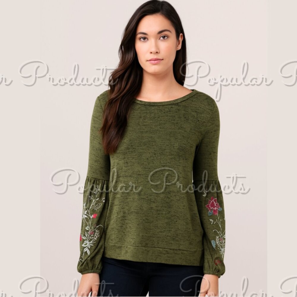 Embroidered Balloon Sleeve Top, Olive